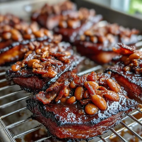 Summer BBQ baked beans with brown sugar and bacon in a cast iron skillet, bubbling with smoky-sweet sauce and crispy bacon bits on top.
