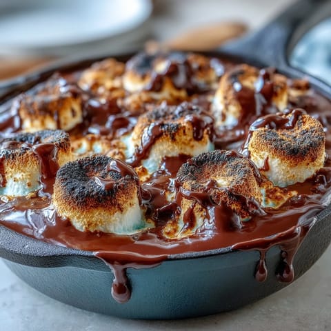 4th of July Smores Dip in a Cast Iron Skillet with toasted marshmallows and melted chocolate for a gooey, festive treat.