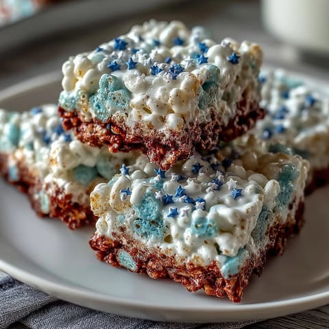 Red, white, and blue layered Rice Krispies treats with vibrant colors and sprinkles for a festive Fourth of July dessert.