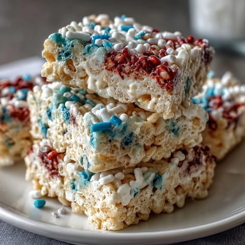 Chewy, gooey Rice Krispies treats stacked in patriotic red, white, and blue layers, perfect for Independence Day celebrations.