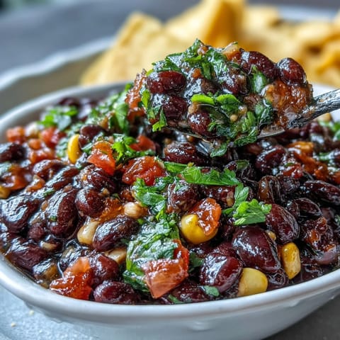 Vibrant Cowboy Caviar Dip featuring zesty black beans, corn, and pico de gallo, perfect for tortilla chips.  