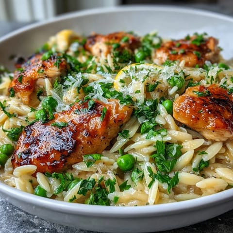 Tender chicken, zesty lemon, and sweet peas in a creamy orzo dish cooked in one pot