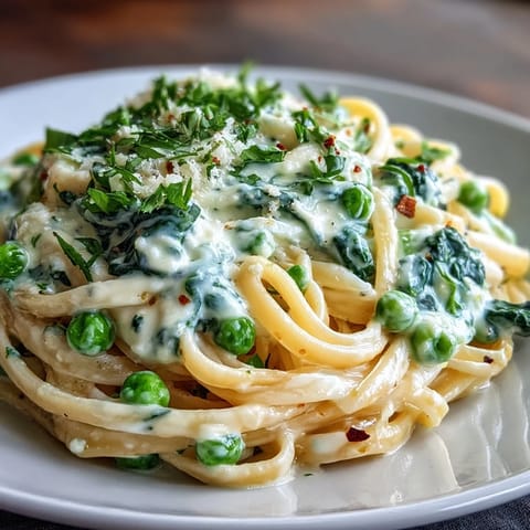 Spring pasta with lemon cream sauce and peas, garnished with Parmesan and fresh chives, in a white bowl.