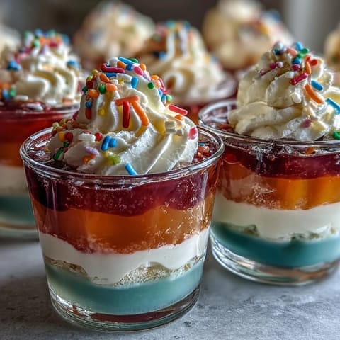 Layered rainbow Jello cups featuring fruity flavors in bright red, orange, yellow, green, blue, and purple, served chilled with whipped topping.  