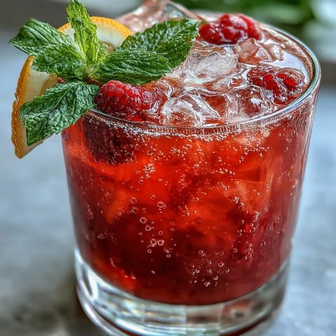 Vibrant Raspberry Lemon Spritz Mocktail served over ice with lemon slices and fresh mint for a refreshing summer drink.
