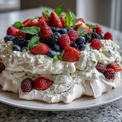 Elegant pavlova with fresh berries and cream, crisp meringue base topped with luscious whipped topping and vibrant spring fruits.