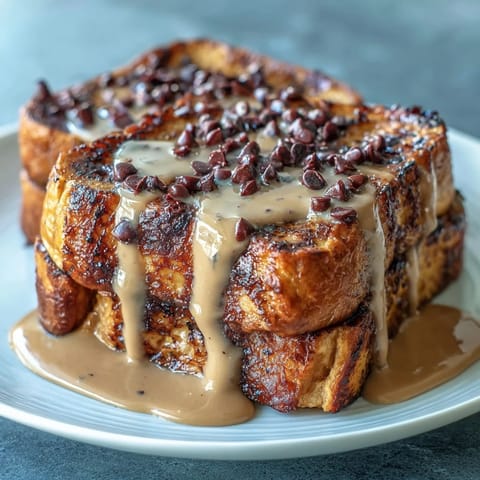 Warm, golden-brown baked French toast casserole topped with melted chocolate chips and a drizzle of creamy peanut butter.  