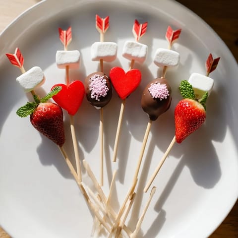 A vibrant Cupid's Arrow Candy Tray, showcasing dipped strawberries, heart gummies, perfect for Valentine's Day.