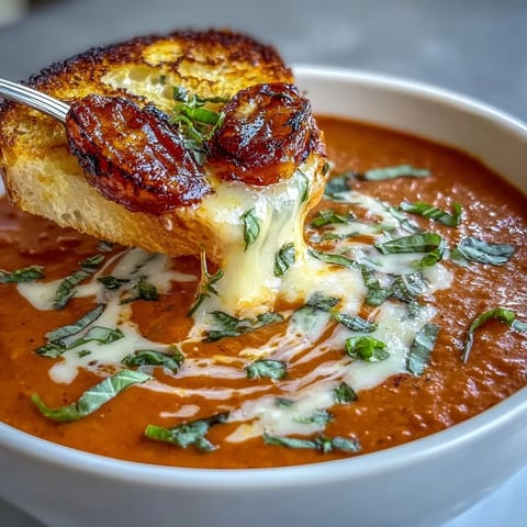 Creamy tomato basil soup with grilled cheese croutons served in a white bowl, garnished with fresh basil leaves and melted cheese cubes.