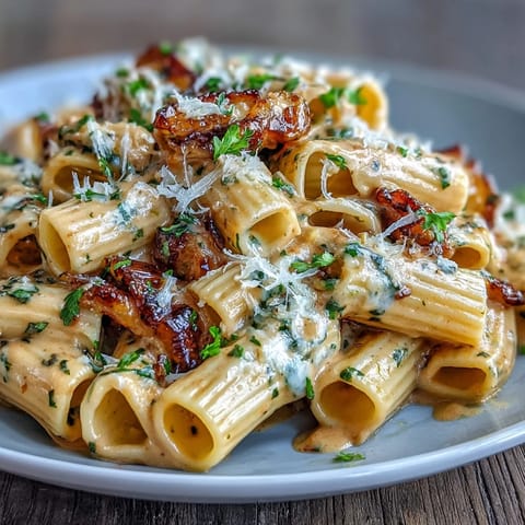 Creamy pink sauce pasta with rich tomato and parmesan, garnished with fresh basil for a comforting Italian-American dinner.  