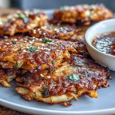 Crispy cabbage kimchi pancakes with tangy fermented cabbage and spicy kick, golden brown and sizzling hot.  
