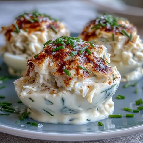 Elegant Crab Cake Deviled Eggs, a vibrant appetizer garnished with paprika and chives.