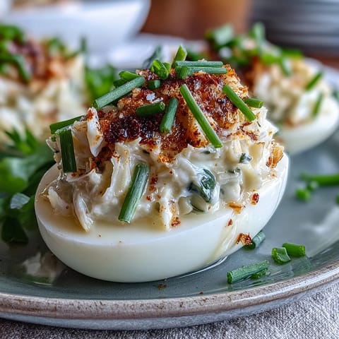 Crab Cake Deviled Eggs with Old Bay, creamy crab salad piled high on whites.