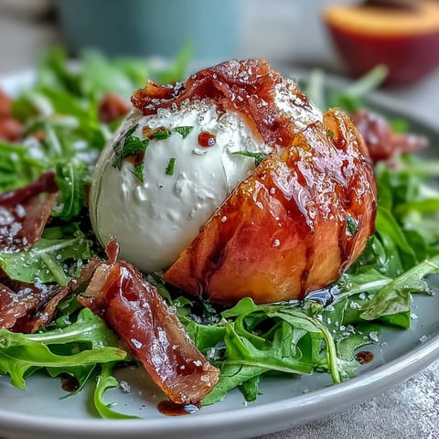 Juicy peaches, creamy burrata cheese, and crispy prosciutto make this summer salad irresistible.