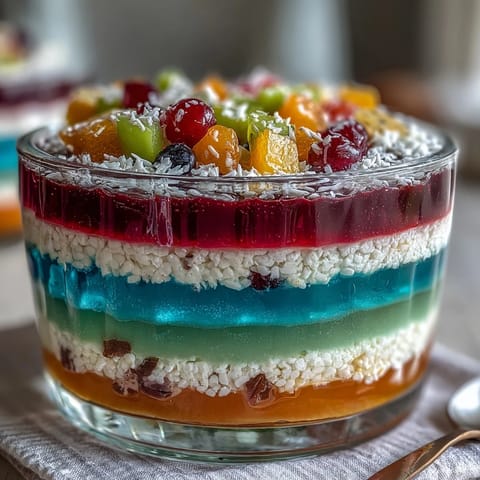 Vibrant agar-agar rainbow jelly cake with creamy coconut, a stunning vegan dessert.