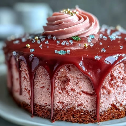 Elegant rosé velvet cake with shimmering gold drip graces a festive table.