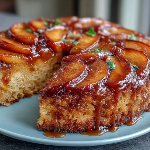 Golden brown sugar peach upside-down cake fresh from the oven, ready to serve.