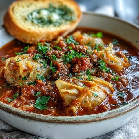 Hearty cabbage roll soup with rich ground beef and crispy garlic toast.
