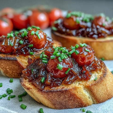 Savory Brown Sugar Tomato Bacon Jam Toasts with crispy baguette, glistening jam.