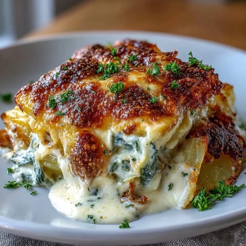 Golden Garlic Herb Cabbage and Potato Gratin with creamy, cheesy layers.