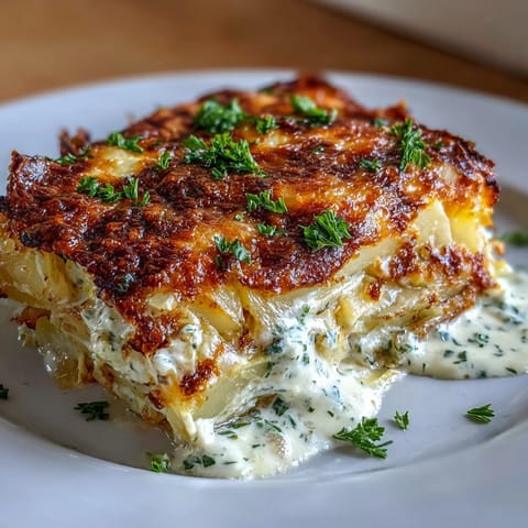 Savory Garlic Herb Cabbage and Potato Gratin bubbling in a rustic baking dish.