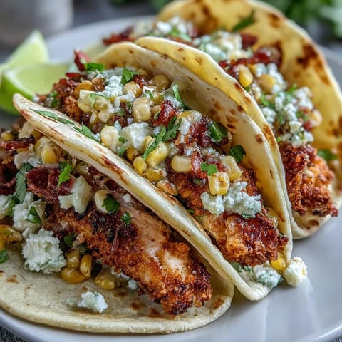 Crispy chicken tacos piled high with creamy, spicy Mexican street corn delight.