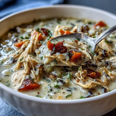 Creamy Chicken Wild Rice Soup: a bowl of comforting goodness with tender chicken and hearty grains.