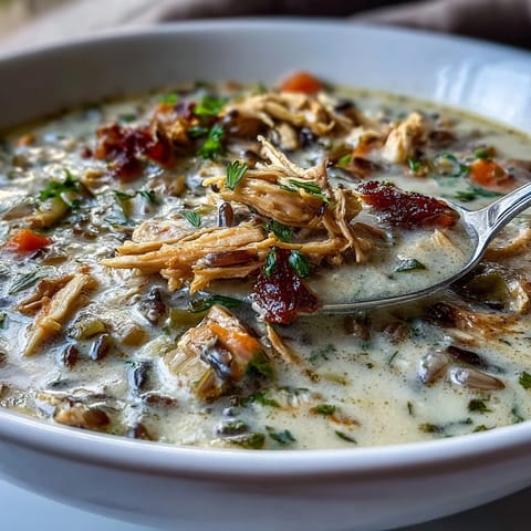 Hearty Creamy Chicken Wild Rice Soup featuring plump grains and savory chicken, perfect for dinner.