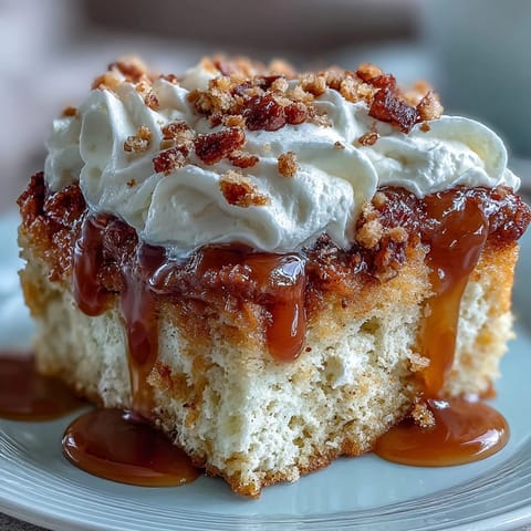 Luscious Apple Cider Caramel Poke Cake, glistening with caramel, ready to serve.