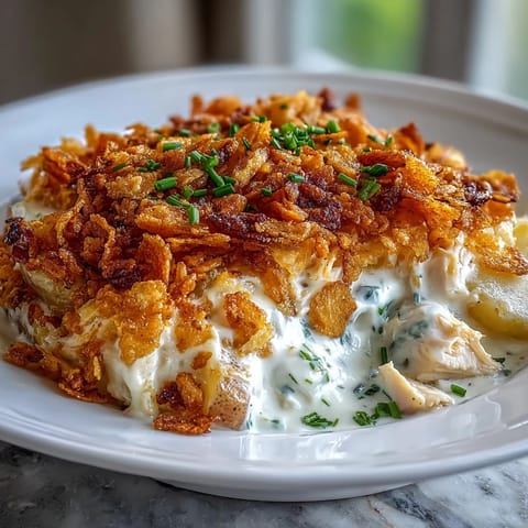 Golden brown Crispy Ranch Chicken Potato Casserole with crunchy topping.