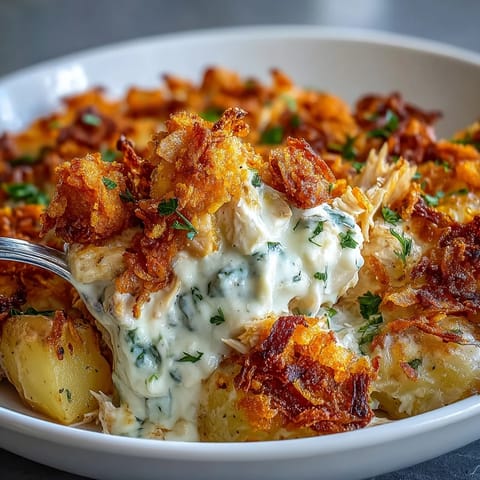 Hearty Crispy Ranch Chicken Potato Casserole, creamy and comforting family meal.