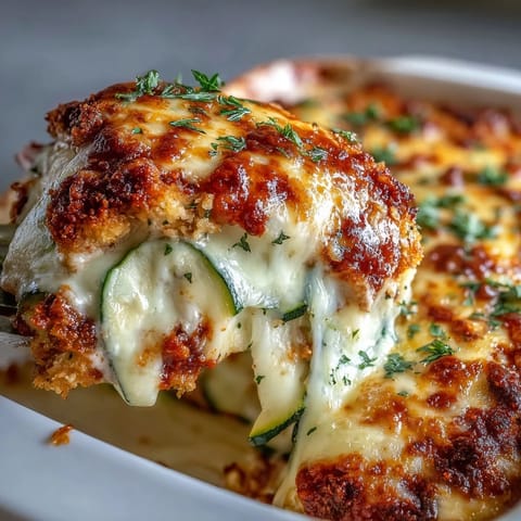 Golden-brown Zucchini Chicken Parmesan Bake with bubbling cheese, ready for dinner.
