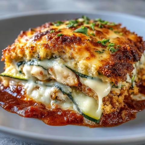 Hearty Zucchini Chicken Parmesan Bake casserole, a comforting Italian-American family meal.