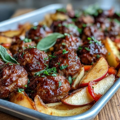 Juicy Apple BBQ Meatball Sheet Pan dinner, glazed and roasted with tender apples.