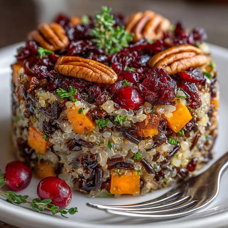 Warm and comforting Gluten-Free Wild Rice Stuffing with vibrant cranberries, ready to serve.