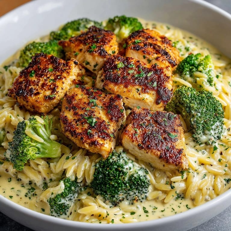 Savory lemon pepper chicken & broccoli orzo skillet, ready to enjoy for a fast weeknight meal.