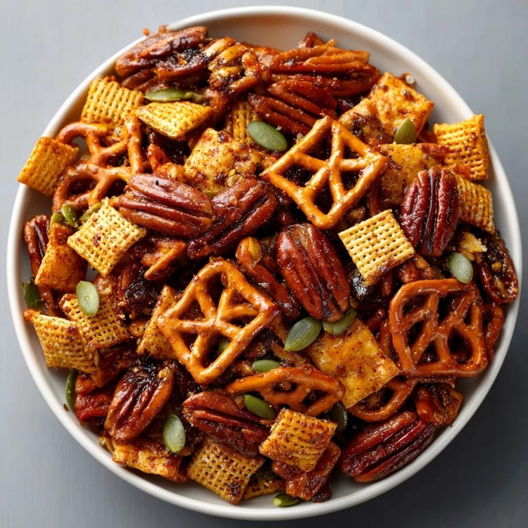 Homemade Spicy Cinnamon Pecan Snack Mix glistening with sugar, ready for game night snacking.