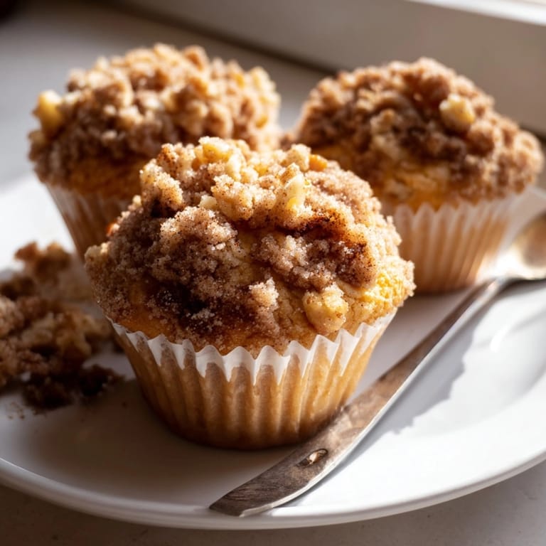 Warm Cinnamon Nut Streusel Muffins: a close-up showing the crumbly topping texture.