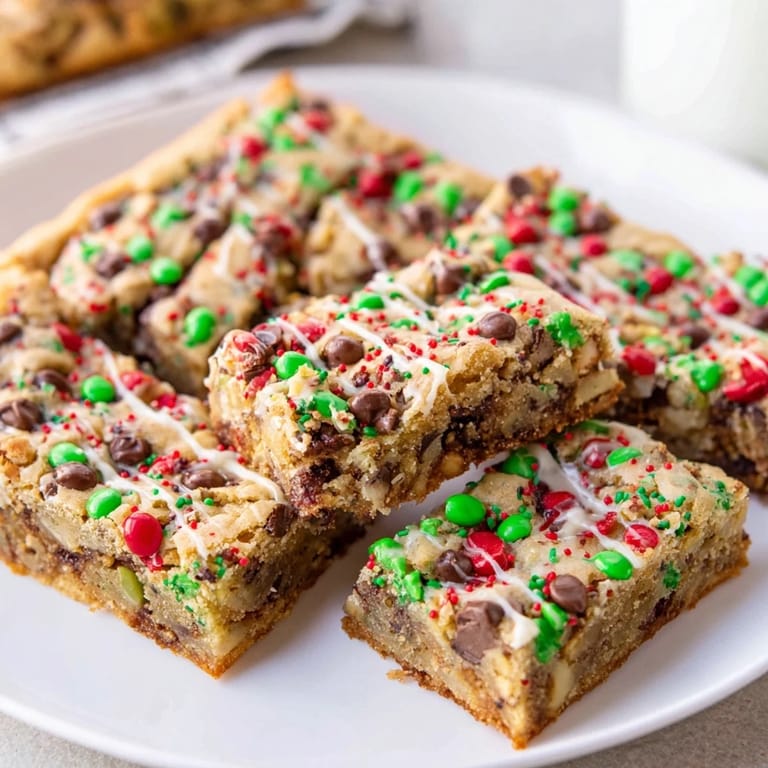 Deliciously warm festive Christmas cookie chocolate chip bars with gooey chocolate goodness.  