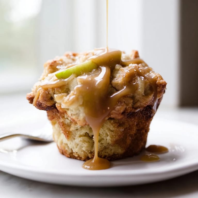 Freshly baked caramel apple scone muffins, warm, tender, and topped with rich caramel glaze.  