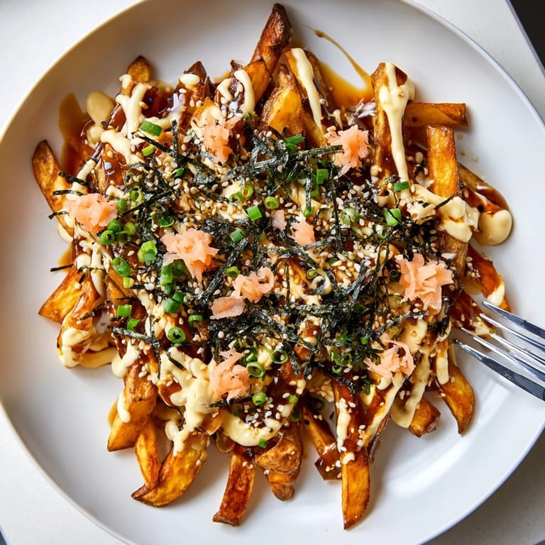 Loaded okonomiyaki fries topped with seaweed, green onions, and creamy mayonnaise. 