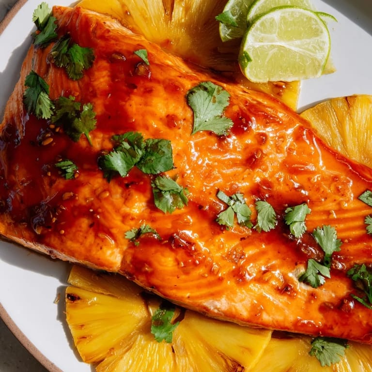 Delicious baked pineapple salmon drizzled with hoisin and served alongside vibrant lime.  