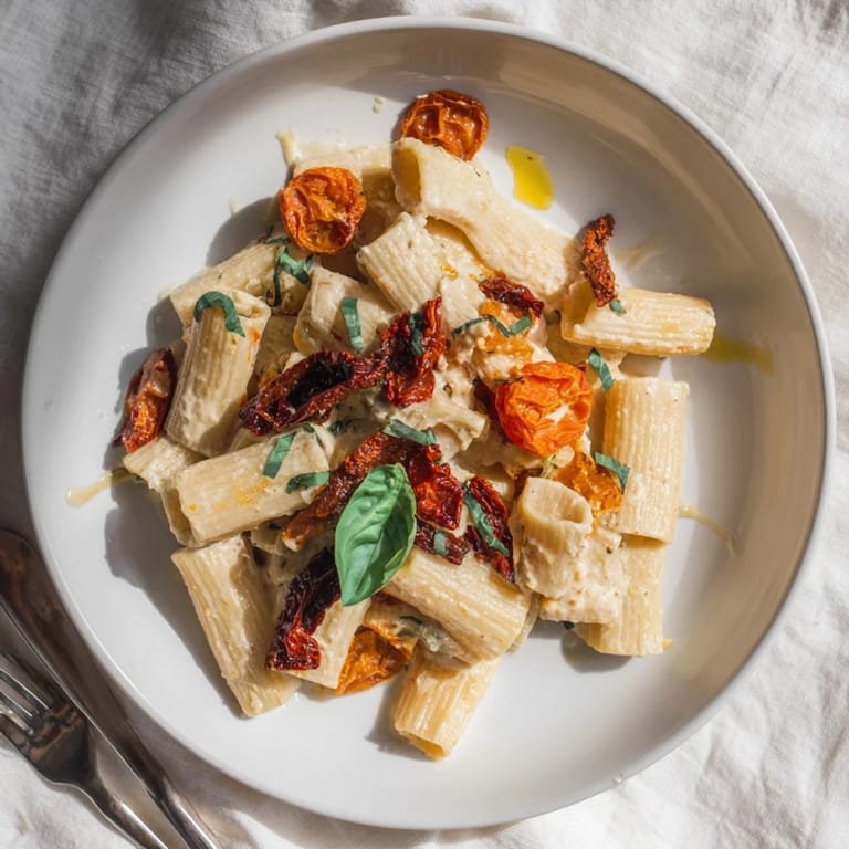 Golden baked feta pasta with caramelized onions and sun-dried tomato goodness.  