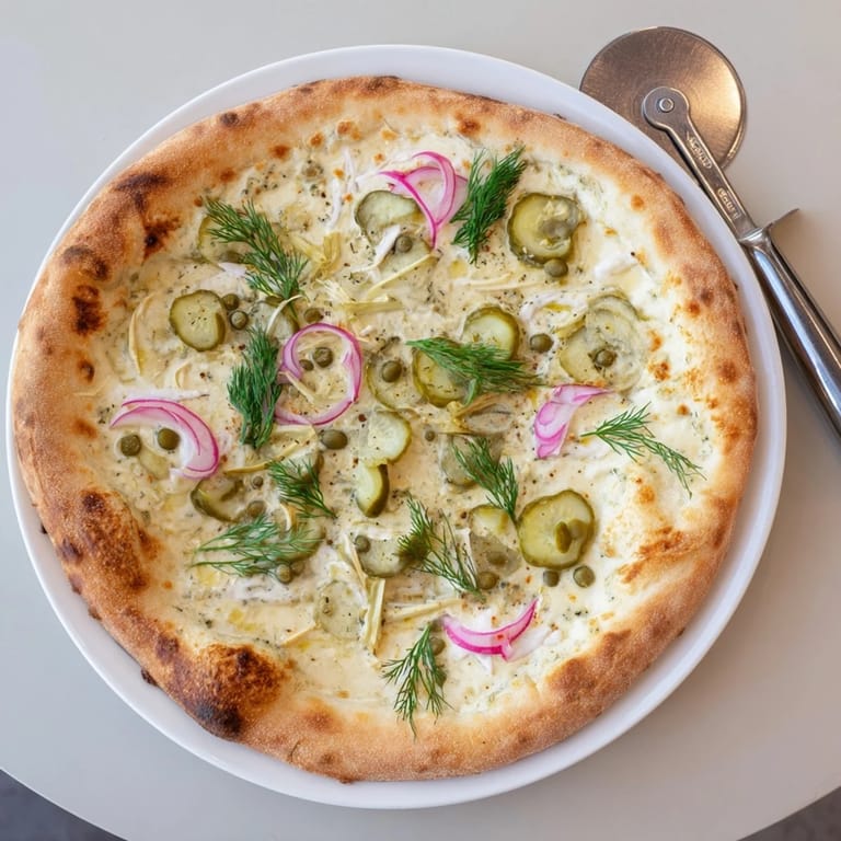 Deliciously unique pickle pizza with a golden crust and fresh dill garnish.  