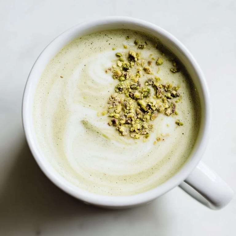 Homemade pistachio milk latte, warm and nutty, perfect for cozy mornings.  