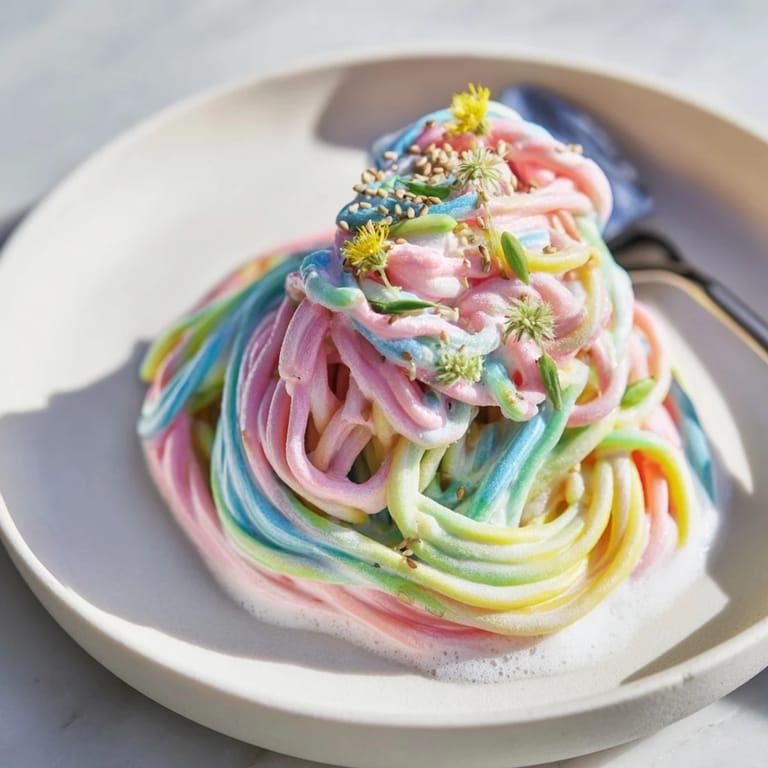 Whimsical Neon Noodle Cloud, featuring soft noodles in dreamy creamy sauce, a feast for kids.