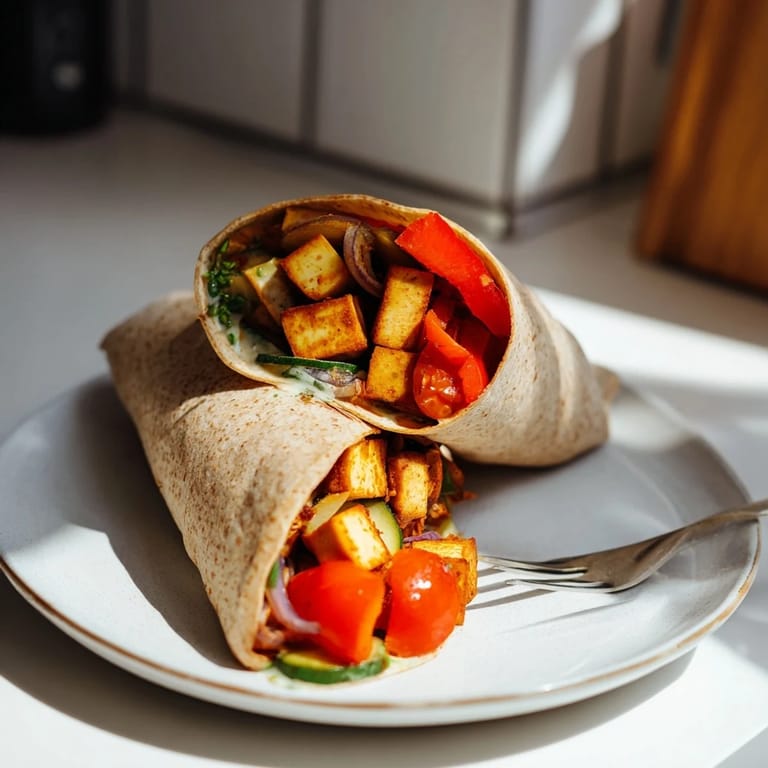 Flavorful vegan twist on viral recipes, served in warm whole wheat wraps.