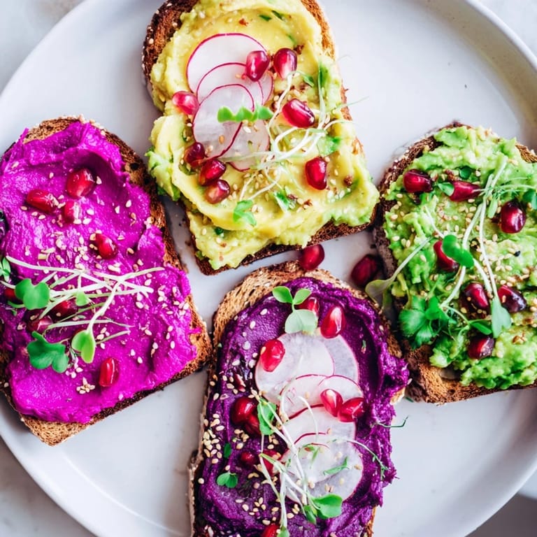 Delicious breakfast toasts featuring ube halaya and creamy avocado, garnished with microgreens.  