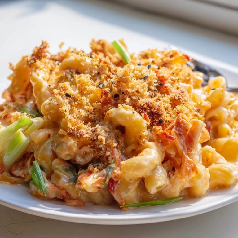 Baked Spicy Kimchi Mac & Cheese, golden brown and sprinkled with toasted sesame seeds.