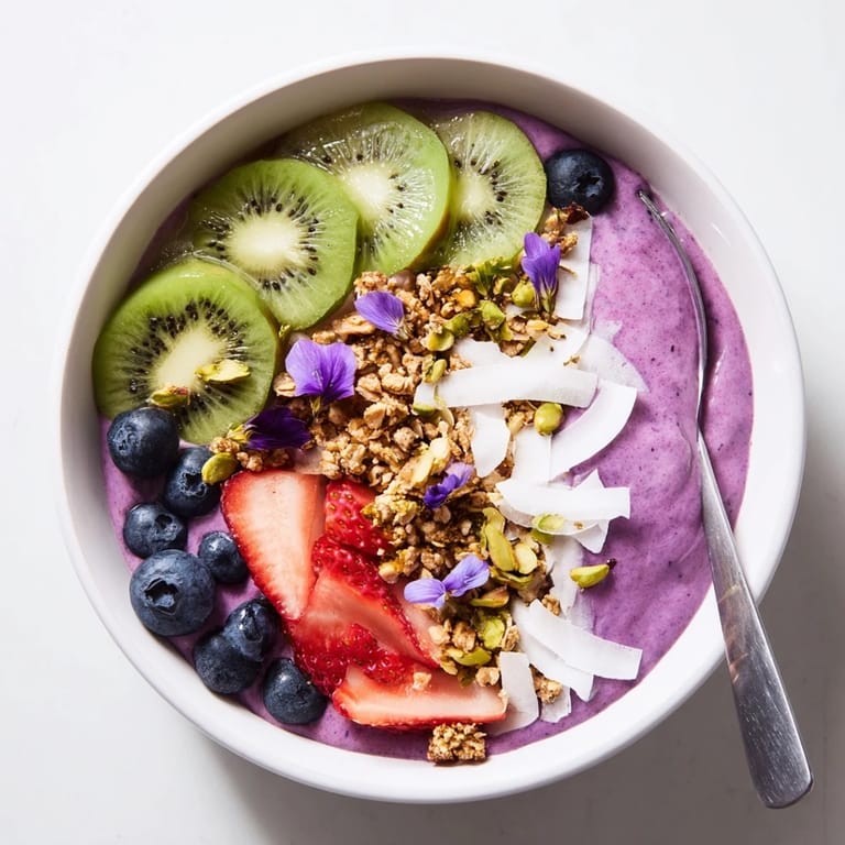 Colorful smoothie bowls featuring purple yam and pistachios, perfect for breakfast.  